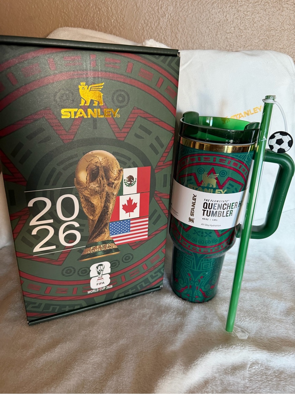Stanley Green and Gold 2026 Quencher Tumbler with Soccer Straw